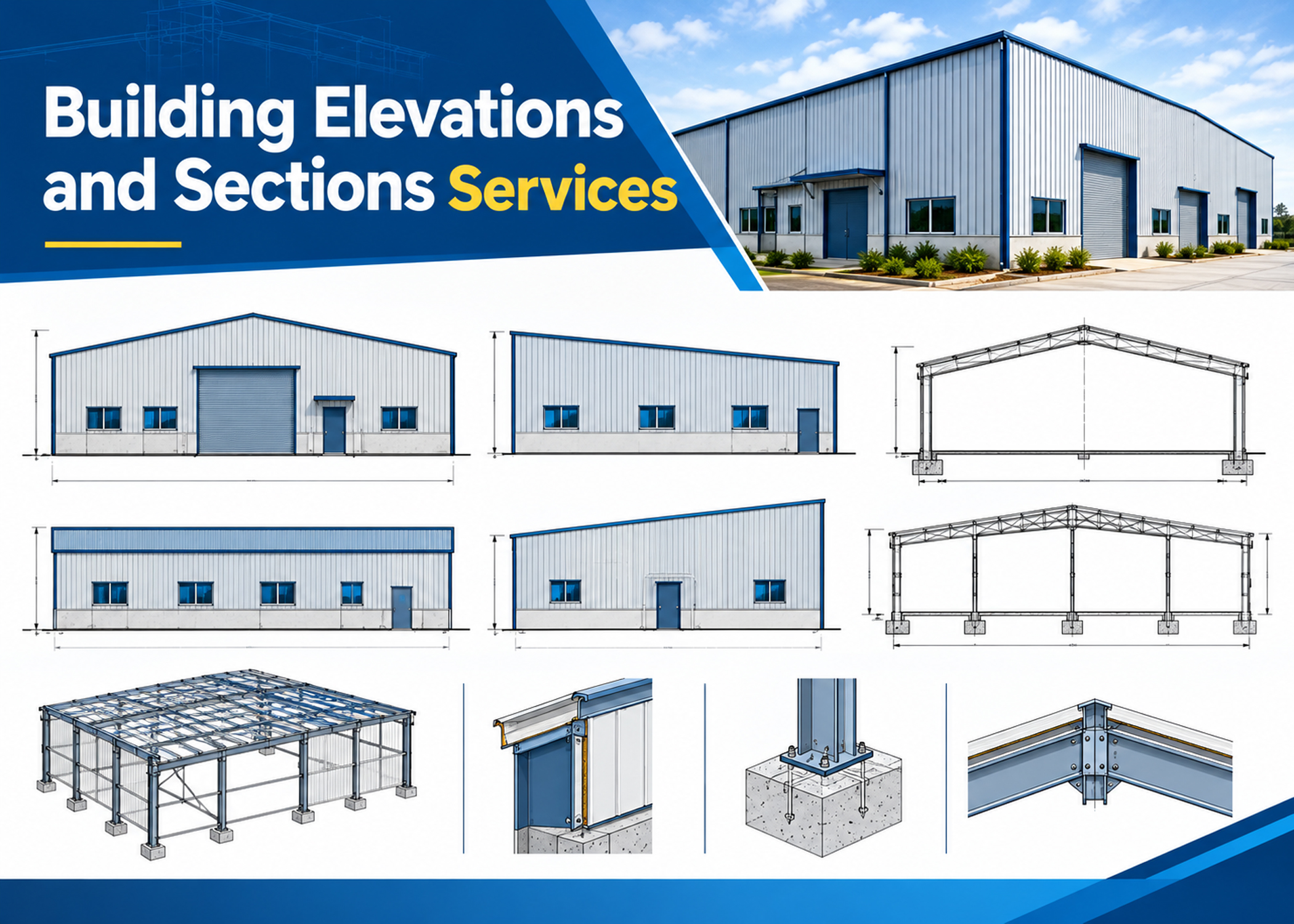Building elevation and section drawings for pre-engineered metal buildings